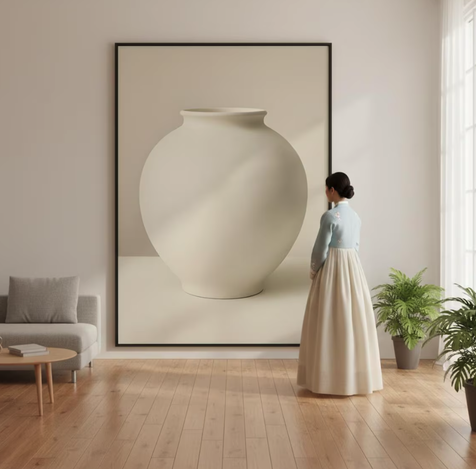 Elegant Korean moon jar artwork displayed in a modern living room